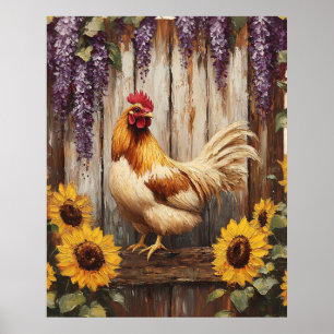 Boerhoender met zonnebloemen en blauweregen in lan poster