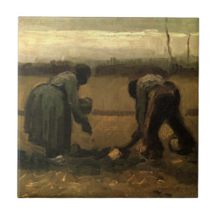 Boerin die aardappels plant door Vincent van Gogh Tegeltje