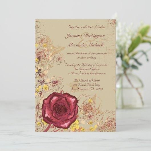  boeroendi roos florale bruiloft kaart (Staand voorkant)