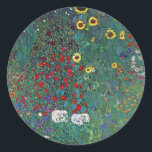 Boertuin met zonnebloem door Klimt,  bloemen Ronde Sticker<br><div class="desc">Farmergarden met zonnebloem (1905/06) van Gustav Klimt is een Victoriaans Era Symbolisme fijn kunstschilderij. Een natuur scène met allerlei bloemen en zonnebloemen in een tuin op een boerderij. Over de kunstenaar: Gustav Klimt (1862-1918) was een Oostenrijkse symbolistische schilder en een van de meest prominente leden van de beweging "Art Nouveau"...</div>