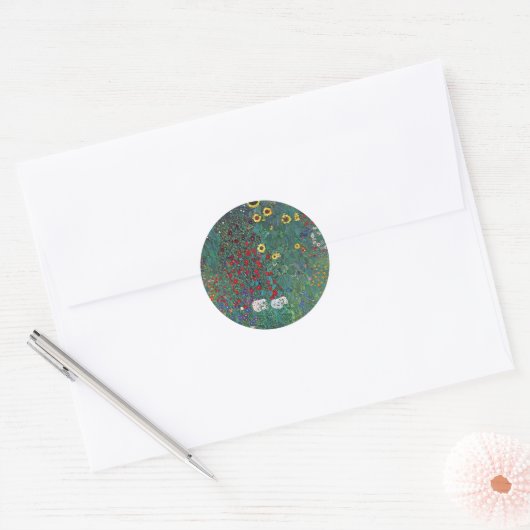 Boertuin met zonnebloem door Klimt,  bloemen Ronde Sticker (Envelop)