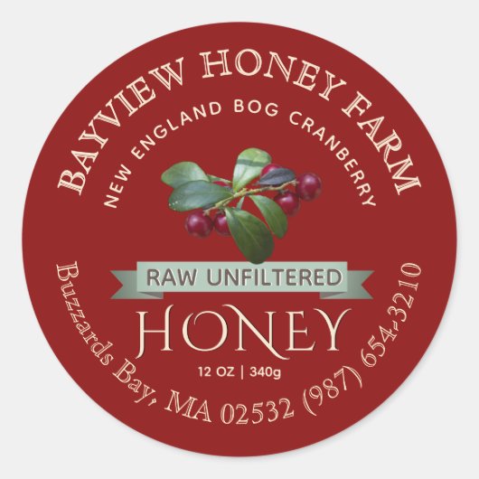 Bog Cranberry Honey Label met Cranberries (Voorkant)