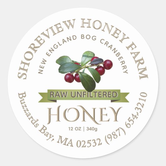 Bog Cranberry Honey Label met Cranberries (Voorkant)