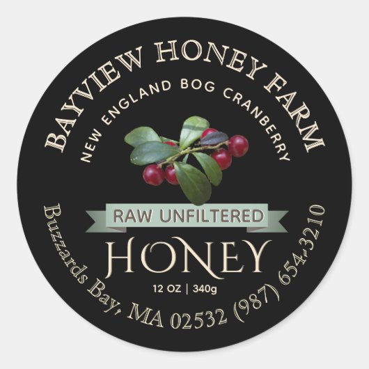 Bog Cranberry Honey Label met Cranberries Zwart (Voorkant)