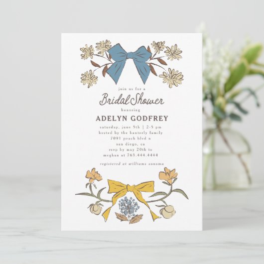 Bogen & Bloesems Blauw Geel Coquette Vrijgezellenf Kaart (Staand voorkant)