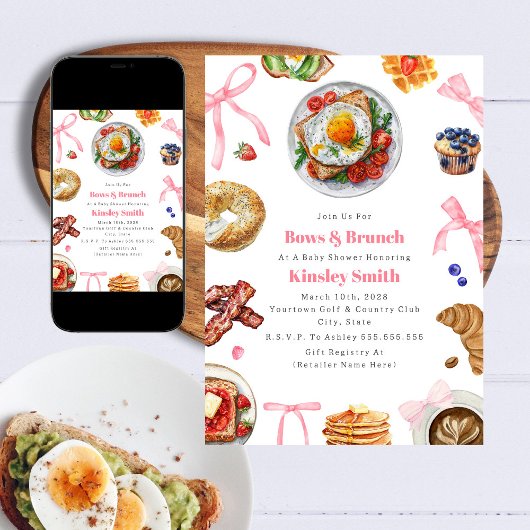 Bogen + Brunch Meisje Roze Baby shower Ontbijt Kaart