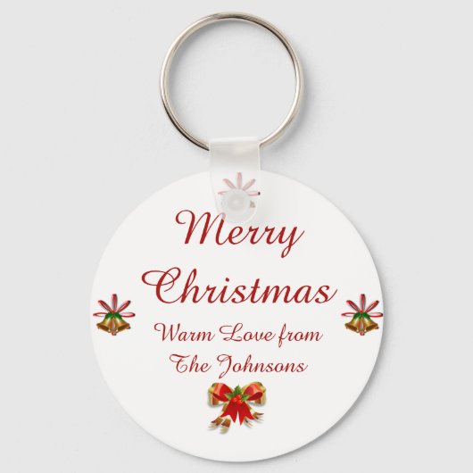 Bogen en Bells Merry Kerstmis Button Key Ring Sleutelhanger (Voorkant)