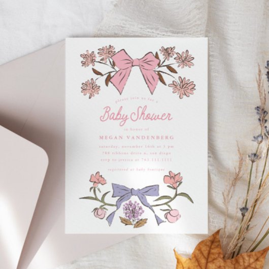 Bogen en bloemen meisje Baby shower uitnodiging