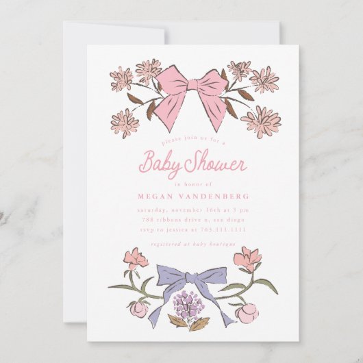 Bogen en bloemen meisje Baby shower uitnodiging (Voorkant)