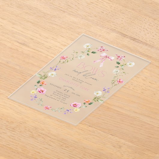 Bogen en Bloom Wildflower roze Bow Baby shower Acryl Uitnodigingen (Laagn)