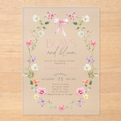 Bogen en Bloom Wildflower roze Bow Baby shower Acryl Uitnodigingen (Voorkant)