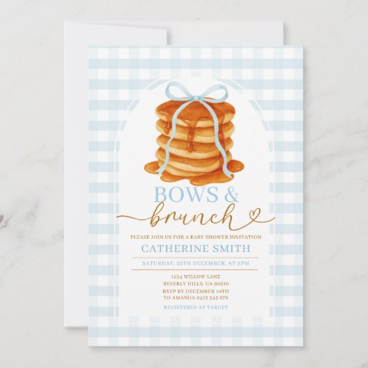 Bogen en brunch Pannenkoek Blauw Baby shower Gingh Kaart (Voorkant)