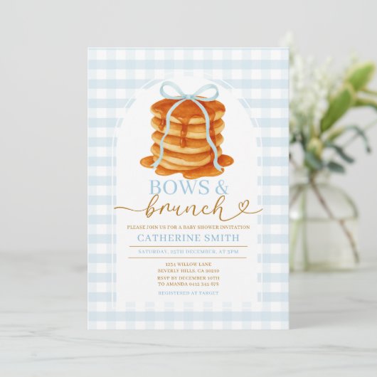 Bogen en brunch Pannenkoek Blauw Baby shower Gingh Kaart (Staand voorkant)