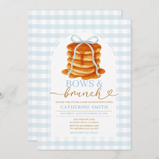 Bogen en brunch Pannenkoek Blauw Baby shower Gingh Kaart (Voorkant / Achterkant)