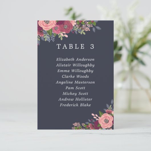 Bogundy & Blush Flowers Table Plan Kaart (Staand voorkant)