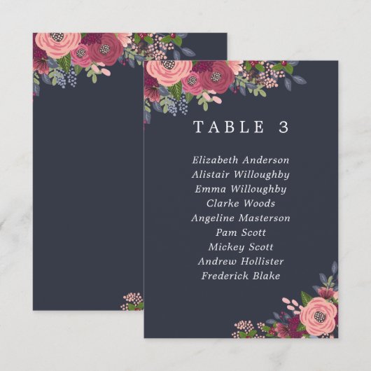 Bogundy & Blush Flowers Table Plan Kaart (Voorkant / Achterkant)