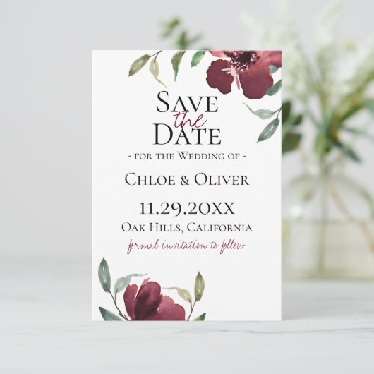 Bogundy Botanical Save the Date Aankondiging (Staand voorkant)