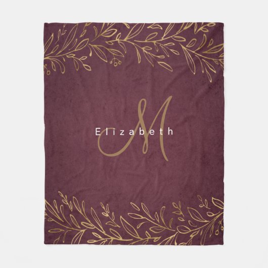 Bogundy botanische gepersonaliseerde naam en monog fleece deken (Voorkant)