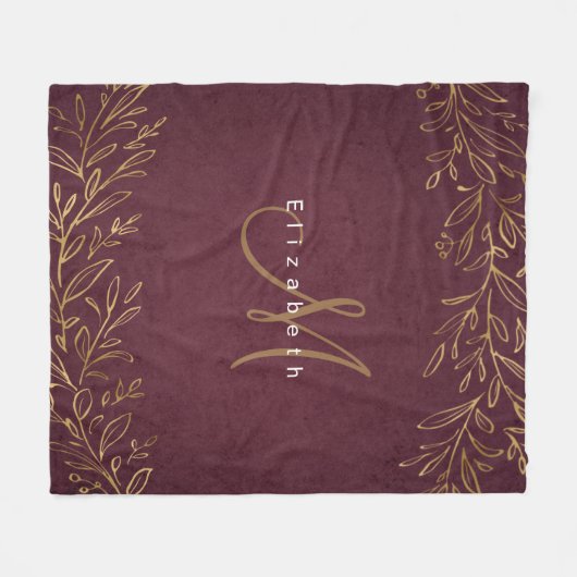 Bogundy botanische gepersonaliseerde naam en monog fleece deken (Voorkant (Horizontaal))