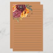 Bogundy Burnt Oranje Waterverf Floral Lined Sta Briefpapier (Voorkant / Achterkant)