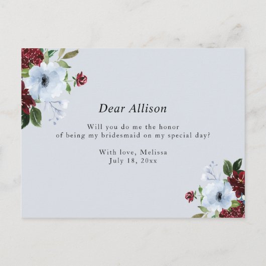 bogundy dusty blue wil je mijn bruidskaart zijn uitnodiging briefkaart (Achterkant)