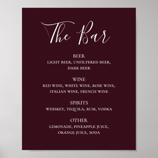 Bogundy, eenvoudig script bruiloft, menu drinken b poster (Voorkant)