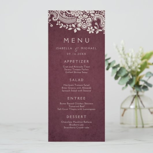 Bogundy elegant  lace rustige trouwmenu menu (Staand voorkant)