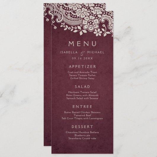 Bogundy elegant  lace rustige trouwmenu menu (Voorkant / Achterkant)
