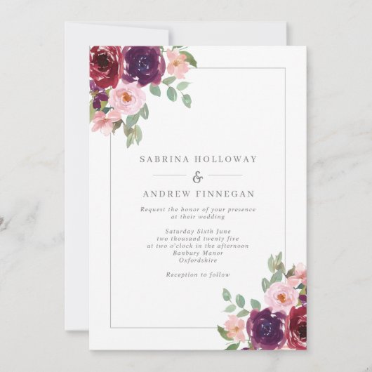 Bogundy en Blush Floral Border Wedding Kaart (Voorkant)