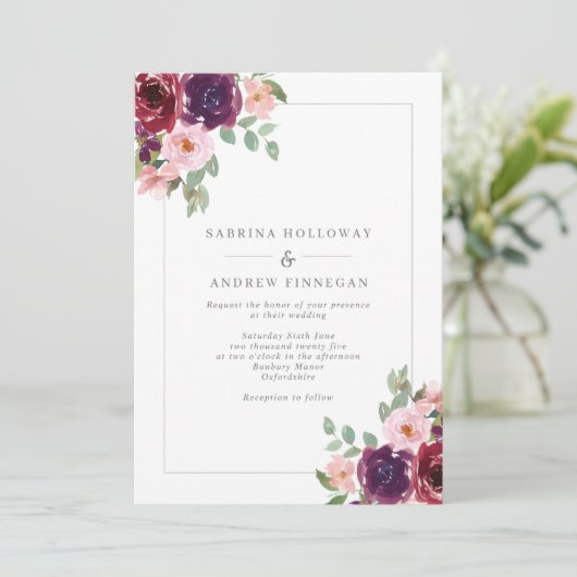 Bogundy en Blush Floral Border Wedding Kaart (Staand voorkant)