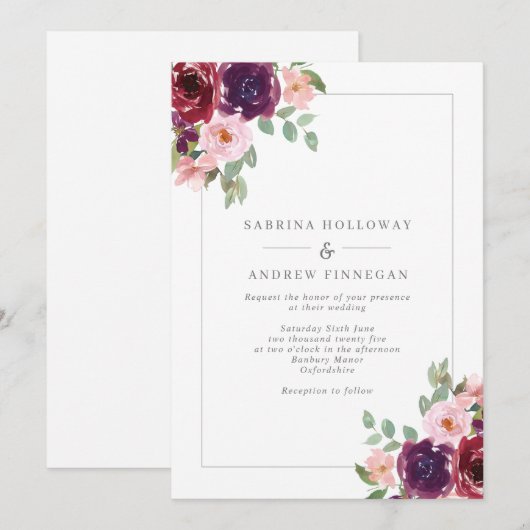 Bogundy en Blush Floral Border Wedding Kaart (Voorkant / Achterkant)