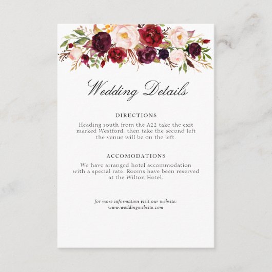 bogundy en blush floral bruiloft informatiekaartje