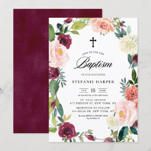 Bogundy en Blush Floral Wreath Herfst Baptisme Kaart