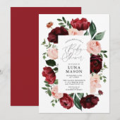 Bogundy en Blush Waterverf Floral Baby shower Kaart (Voorkant / Achterkant)