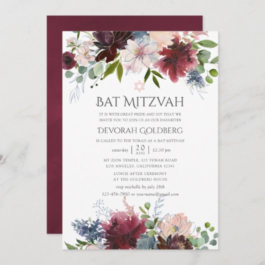 Bogundy en Blush Waterverf Floral Bat Mitzvah Kaart (Voorkant / Achterkant)