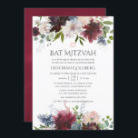 Bogundy en Blush Waterverf Floral Bat Mitzvah Kaart<br><div class="desc">Trendy bordo - marsala en blush roze bat mitzvah-uitnodiging met accenten van stoffige blauw,  jager en roos goud die zijn ontworpen om snel en gemakkelijk aan te passen aan de specificaties van uw evenement.</div>