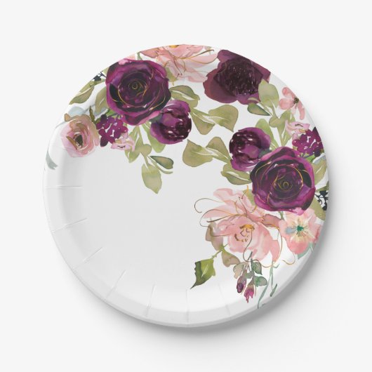 Bogundy en Blush Waterverf Floral Bouquet Papieren Bordje (Voorkant)