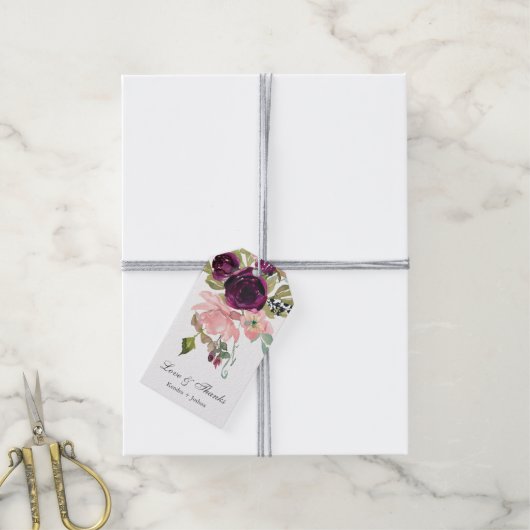 Bogundy en Blush Waterverf Floral Cadeaulabel (Met Touw)