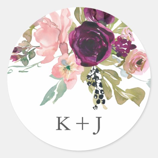 Bogundy en Blush Waterverf Floral Ronde Sticker (Voorkant)