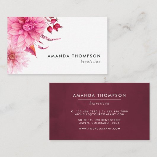 Bogundy en Blush Waterverf Floral Visitekaartje (Voorkant / Achterkant)