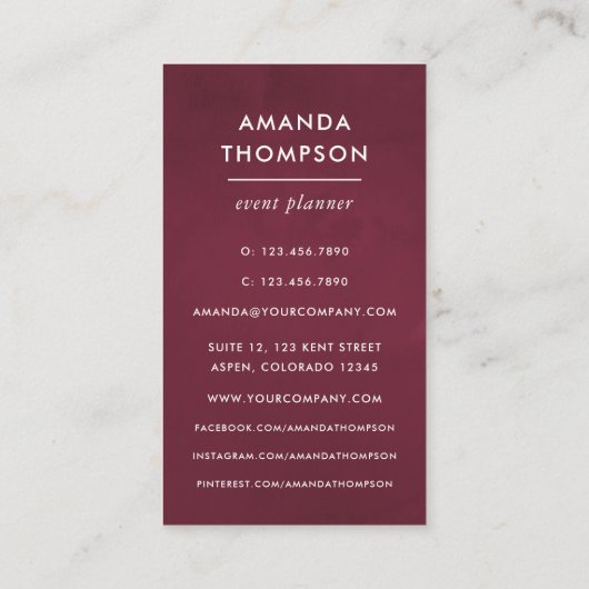 Bogundy en Blush Waterverf Floral Visitekaartje (Achterkant)