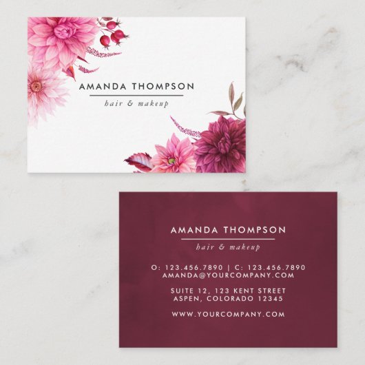 Bogundy en Blush Waterverf Floral Visitekaartje (Voorkant / Achterkant)