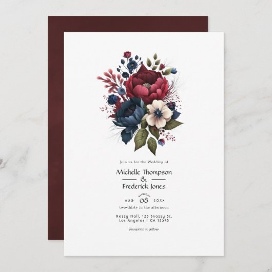 Bogundy en Floral Wedding QR Code Kaart (Voorkant / Achterkant)