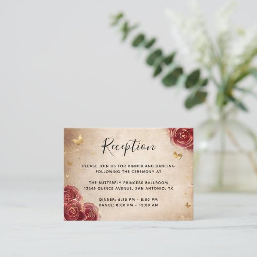 Bogundy en Gold Roos Elegant - Gegevens Informatiekaartje (Staand voorkant)