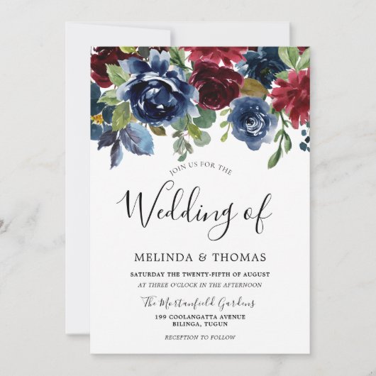 Bogundy en marinevloeren Waterverf Valle bruiloft Kaart (Voorkant)