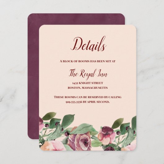 Bogundy en Peach Floral Waterverf Enclosure Informatiekaartje (Voorkant / Achterkant)