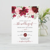 Bogundy en roze Waterverf Floral Wedding Invita Kaart (Staand voorkant)