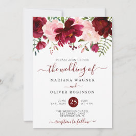 Bogundy en roze Waterverf Floral Wedding Invita Kaart