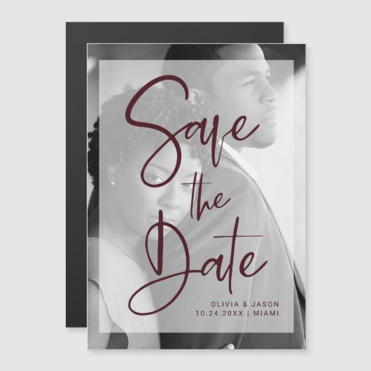 Bogundy en White Overlay | De foto bewaart de Datu Magnetische Uitnodiging (Voorkant / Achterkant)