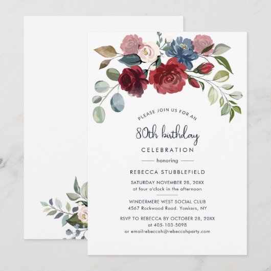 Bogundy Floral 80th Birthday Botanical Kaart (Voorkant / Achterkant)